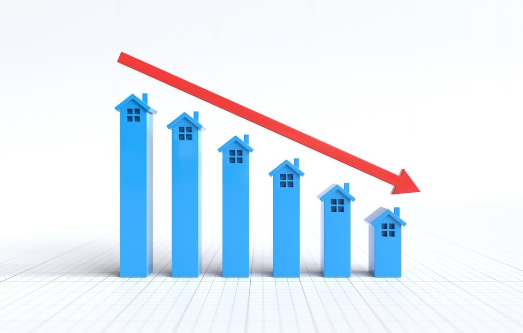 A graph depicting a house positioned atop a vertical bar chart, illustrating housing data trends